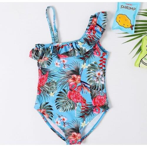 Girls Swimsuits 2021 New Arrival One Piece Flamingo Print Childrens Swimwear Frills 3 Colors For 2-7years beachwear