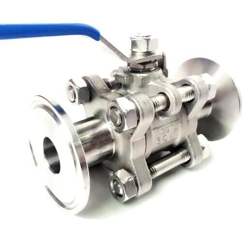 DN20 x 1.5" Tri Clamp 3-Piece Ball Shut Off Valve SUS 304 Stainless Steel Industrial