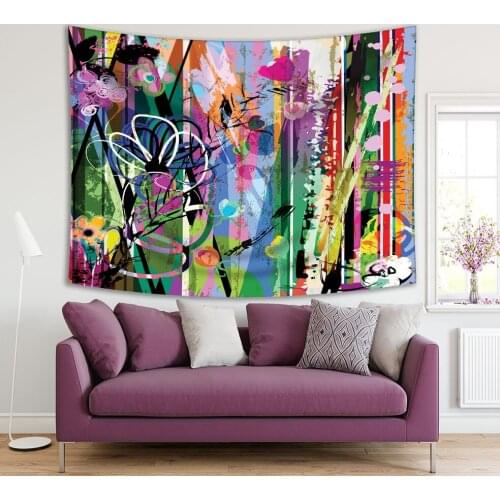 Tapestry Modern Artwork with Flowers Strokes Splashes Decorative Fun Green Blue Fuchsia Black Floral Print