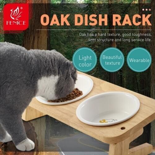Fenice Pet Cat Dog Ceramic Feed Food and Water Bowls Oak Frame for Small Large Dogs Cats Supplies