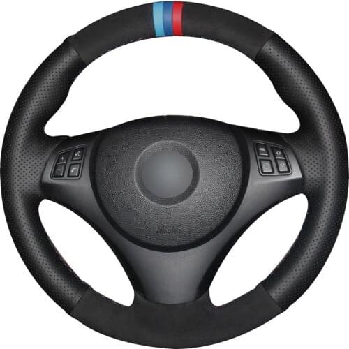 Non-slip Durable Black Natural Leather Black Suede Car Steering Wheel Cover For Bmw E90 320i 325i 330i 335i E87 120i 130i 120d