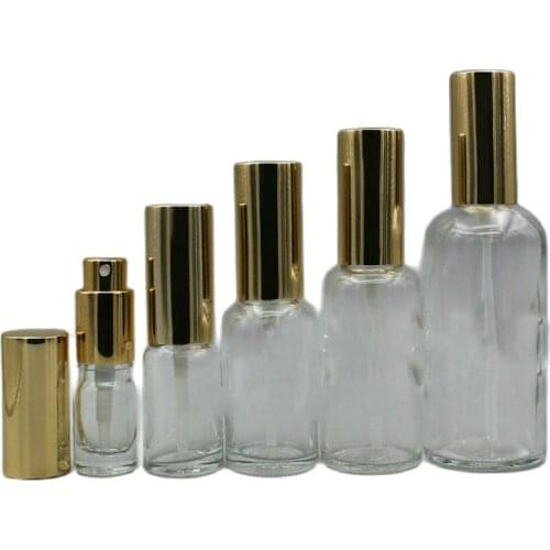 10pieces Clear Glass Perfume Spray Lotion Pump Bottles Gold Atomizer Cosmetic Packaging Containers 5ml10ml15ml20ml30ml50ml100ml