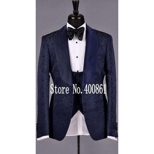 Stylish Design One Button Navy Blue Paisley Groom Tuxedos Groomsmen Shawl Lapel Mens Suits Blazers (Jacket+Pants+Vest+Tie)W:1099