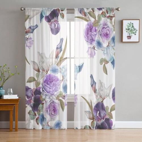Rose Flower Purple Iris Tulle Sheer Window Curtains for Living Room Kitchen Children Bedroom Voile Hanging Curtain