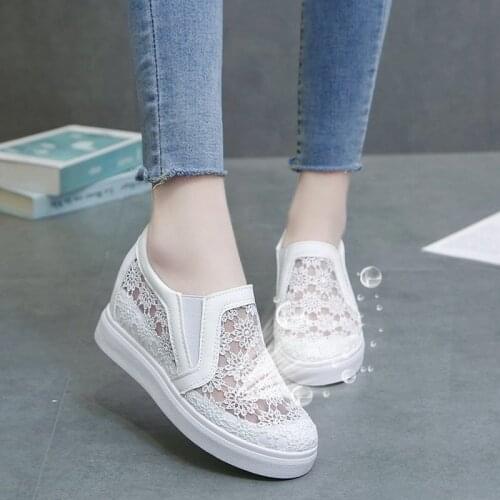 XJRHXJR Summer Breathable Fashion Lace 6cm Platform Evelator Shoes Women Swing Wedge Inner Increase Casual Shoes Platform Shoes