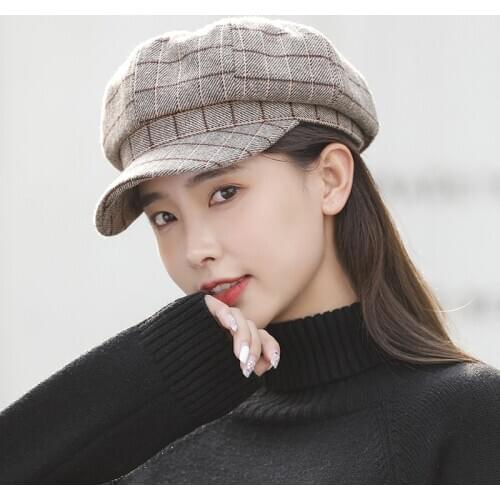 Japanese Beret for Women Fashion Plaid Octagonal Newsboy Cap Women Ladies Casual Wool Hat Spring Autumn British Ladies Girls Hat