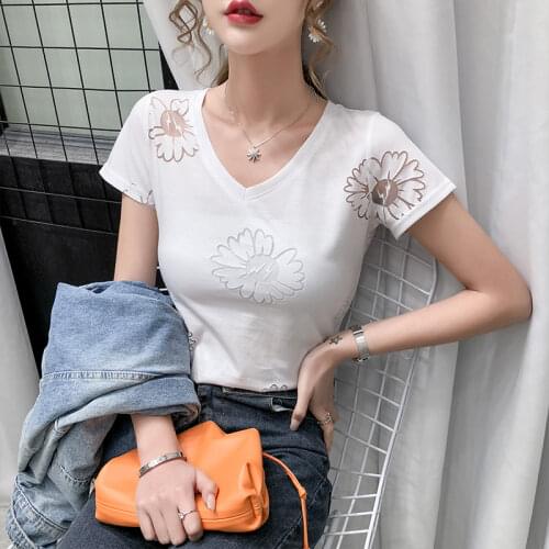 Summer Fashion Hollow out Female T-Shirts See-Through Mesh Floral Short Sleeve T shirt Women V-neck Slim Plus Size Tee Tops