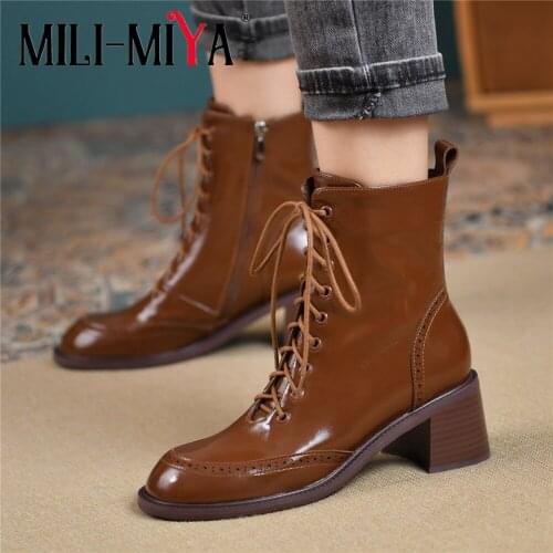 MILI-MIYA Women 2021 Autumn Winter Motorcycle Ankle Boots Thick High Heel Lace Up Zipper Round Toe Fashion Handmade Shoes Brown