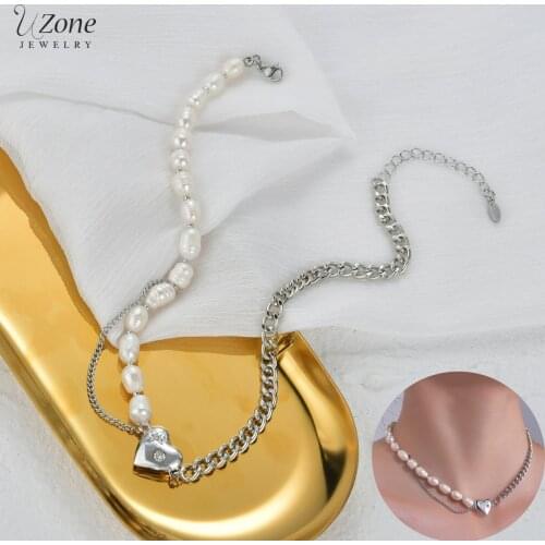 UZone Romantic Heart Pearl Necklaces Stainless Steel Choker Beads Cuban Chain Necklace for Women Girls Pendant Party Gift Bijoux