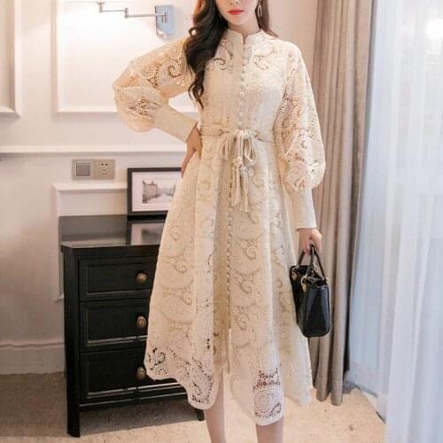 Women Dress Embridery High Waist Vintage Autumn Party Female Spring Elegant A-Line Vestido Lace Luxury Long Sleeve Vestidos
