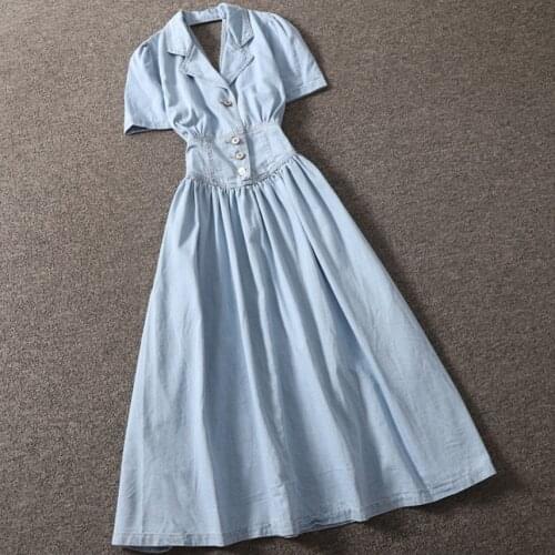 New summer Vintage Denim dress Hollow Backless notched Collar Dress Lady Short Sleeve Elegant dress