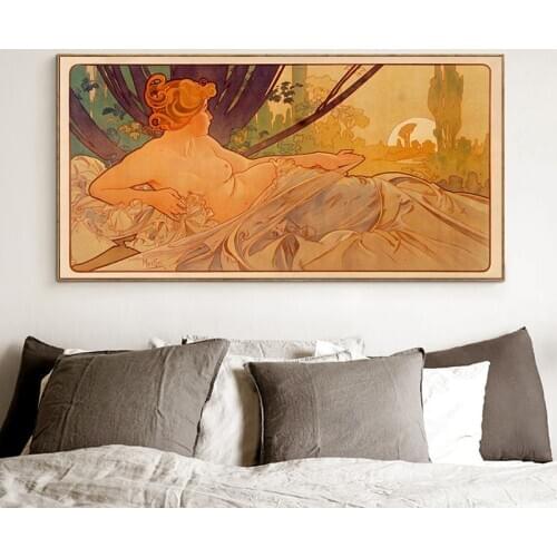 1899 DAWN and DUSK Alphonse Mucha Art Nouveau Goddess Vintage Lithograph French Woman Beauty Nature Art Canvas Painting Decor
