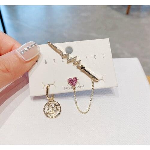 2021 Trendy Round Love Pendant Heart Earrings with Full Ear Cuff Gold Color Plated CZ Zircon Jewelry