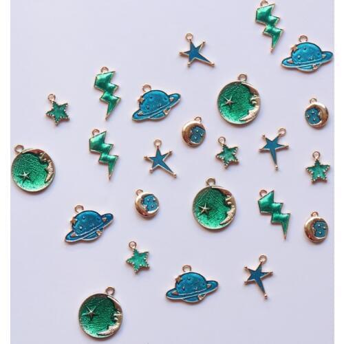 Promotion 24Pcs Mix Styles Blue Green Color Sun Moon Stars KC Gold Alloy Pendants Jewelry Charms