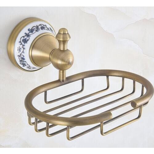 Bathroom Accessory Vintage Retro Antique Brass Ceramic Flower pattern Base Wall Mounted Bathroom Soap Basket Dish Holder mba777
