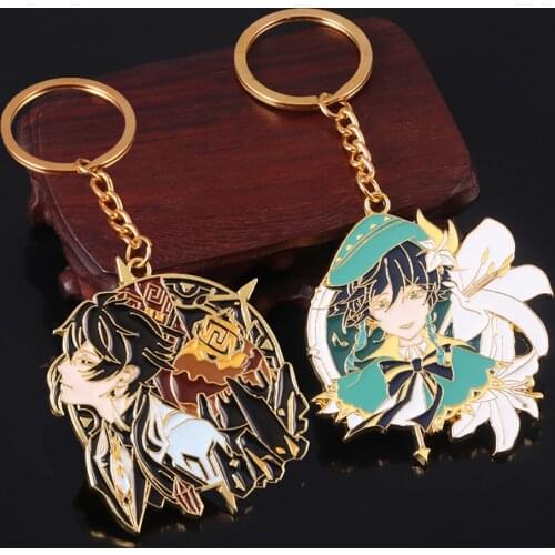 Anime Genshin Impact KeyChain Cartoon Venti Zhongli Xiao Figure Pendant Metal Key Chain Badge Brooch Cosplay Jewelry Gift