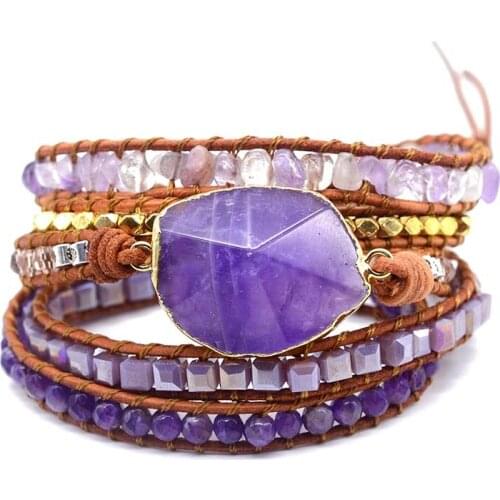 Healing Stone Wrap Bracelets Handmade For Women Natural Stone Beaded Leather Bracelet Genuine Leather 5 Strands Wrap Bracelet