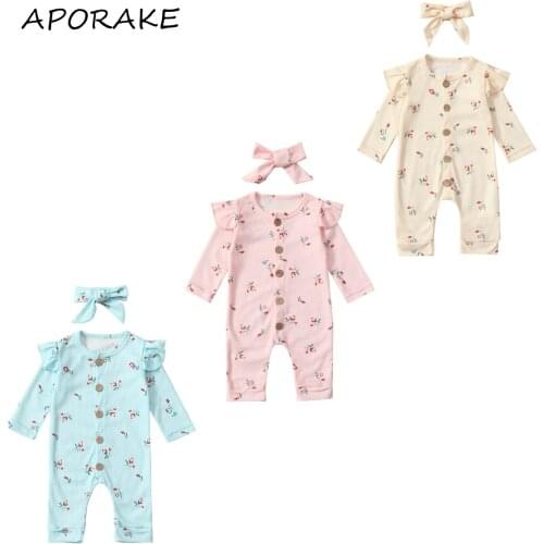 2021 3-24M Toddler Girl Romper Floral Printing Baby Long Sleeve O-neck Button Fly Jumpsuit + Bowknot Headband Spring Fall 2pcs