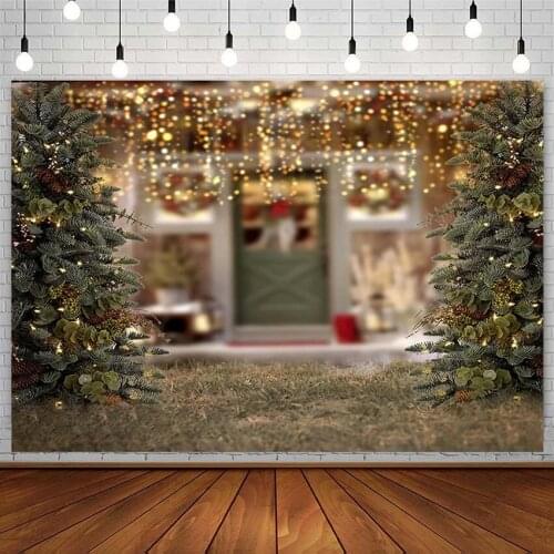 Winter Christmas Tree Backdrop String Lights Bokeh Wreath Green Door XMAS Kid Photography Background Photostudio Photozone Props