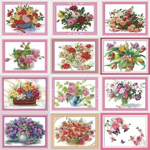 HUACAN Flower In Vase Kits White Canvas Embroidery Floral Needlework Sets 11CT 14CT DIY Cross Stitch Gift Home Decoration