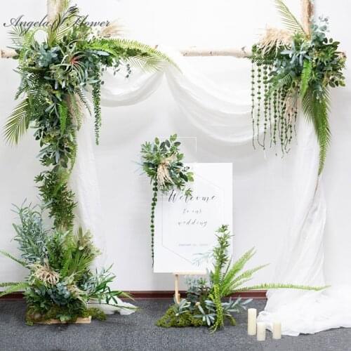 Custom forest wedding arch decor artificial flower arrangement fake flower row garland green plants mall event party photo props