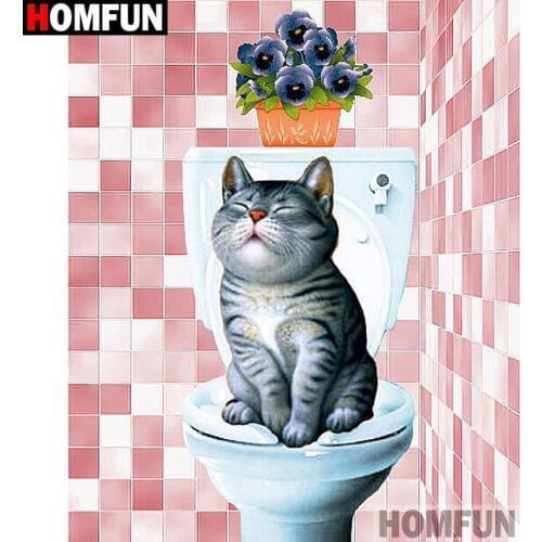 HOMFUN Full Square/Round Drill 5D DIY Diamond Painting "Toilet cat flower" Embroidery Cross Stitch 3D Home Decor Gift A16906
