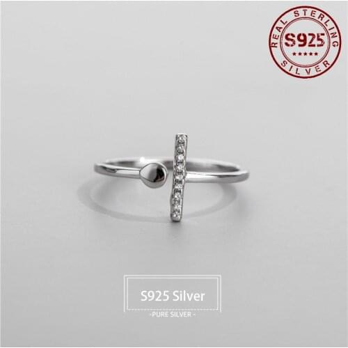 Real 925 Sterling Silver Ring for Women T Shape Crystal Opening Resizable Women Ring Fashion Minimalist Jewelry Accessories