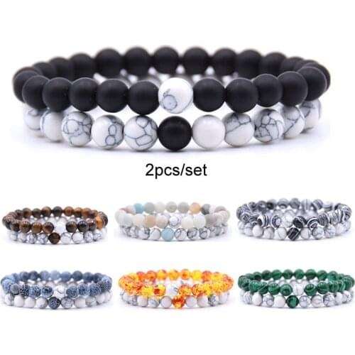 Set Bracelet Couples Distance Black White Natural Lava Stone Tiger Eye Beaded Yoga Bracelets for Men Women Elastic Rope Jewelry