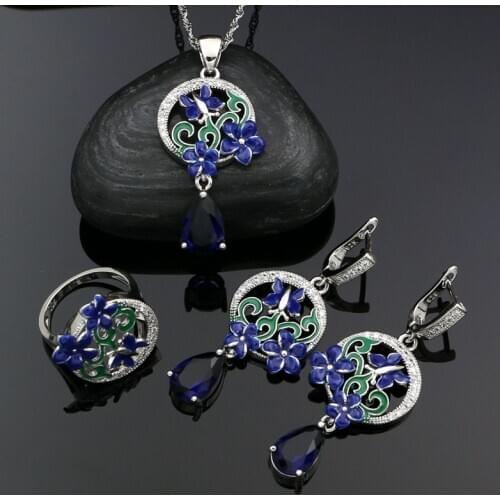 Blue Enamel Flower Silver 925 Jewelry Set Sapphire Earrings Ring Pendant Necklace For Women Birthday Gift