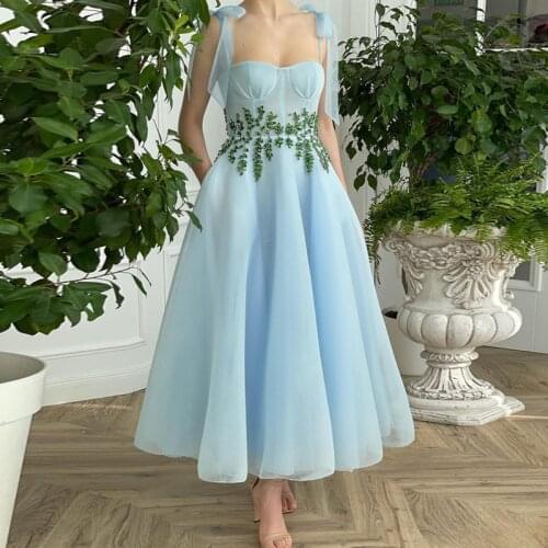 LORIE Short Prom Dresses 2021 Appliques Beaded Crystal A-Line Sky Blue Arabic Wedding Party Gown Graduation Dress
