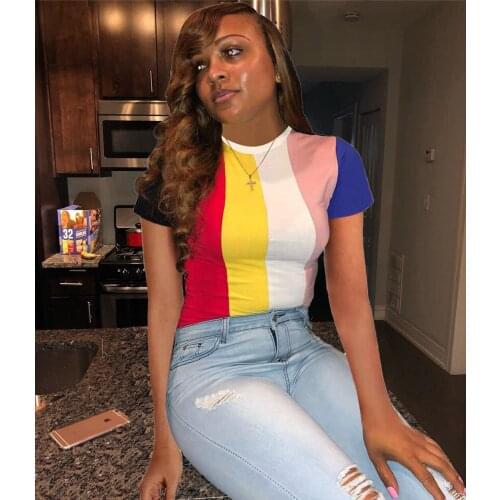 Fashionable Womens Clothing Color Element Short Sleeve Round Neck Top Womens Clothing Top Versatile Youth Vitality Dating Wear