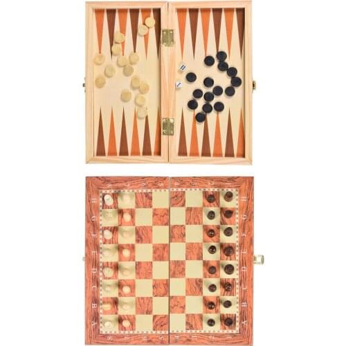 3-in-1 Wooden International Chess Set With Folding Chess Board Backgammon Checkers Board Game Puzzle Games Kids Gift