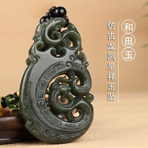 Natural jade A hetian jade hollow handcarved dragon black jade green jade pendant jade necklace unique jadeite jade jewelry