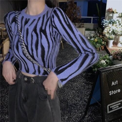 New In Sweaters Fashion Zebra Short Slim Sweater Winter Casual O-neck Knitted Thin Sweaters Tops Y2k Women Pullovers Clothes