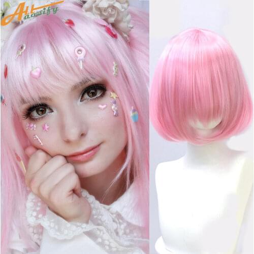 Allaosify cosplay wig 23 colors 14 inches synthetic high quality straight bob pink red black brown hair women for cosplay party