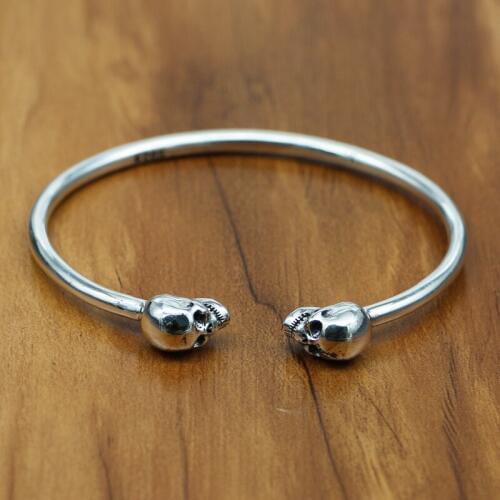 Manufacturers Wholesale S925 Sterling Silver Retro Thai Silver Punk Double Skull Open Ended Men And Women Models Bangle