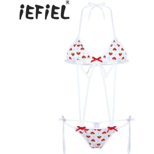 Sexy Women Lingerie Costume Erotic Set Strawberry Design Halter Neck Mini Micro Bikini Bra Top with G-String Briefs Underwear