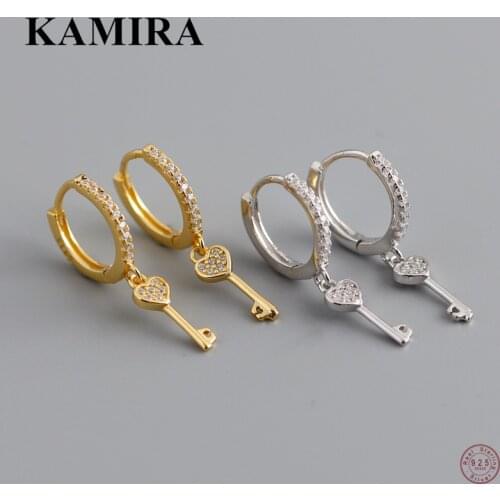 KAMIRA Real 925 Sterling Silver Bohemian Love Heart Key Pendant Drop Earrings for Women Party Hip-Hop Dangle Gothic Hoop Jewelry