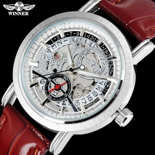 WINNER fashion brand men mechanical watches leather strap casual sport mens automatic skeleton wristwatches relogio masculino