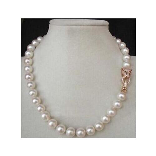 Wonderful 10MM WHITE SOUTH SEA SHELL AKOYA PEARL NECKLACE 18" & Leopard clasp
