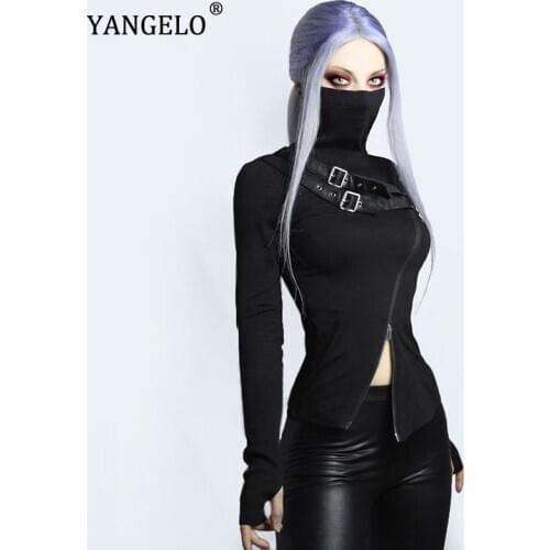 Yangelo Punk Double Zipper High Collar Long-sleeved T-shirt Female Stitching Black Mechanical Streetwear Top Women Autumn Winter