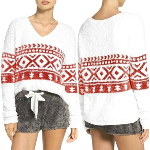 Womens Fashion Round Neck V-Neck Pullover Print Loose Casual Flannel Tops Red