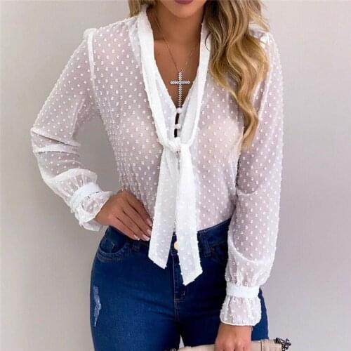 2019 Sexy Women Chiffon Blouse Tee Shirt Casual Long Sleeve Lace Shirts Bow Tie V Neck Summer Basic Tops Plus Size Blusas