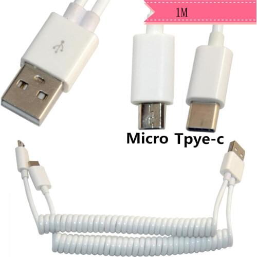 1m Spring Coiled USB 2.0 Male to tpye-c* Micro 5Pin Data Sync Flat Extension Cable