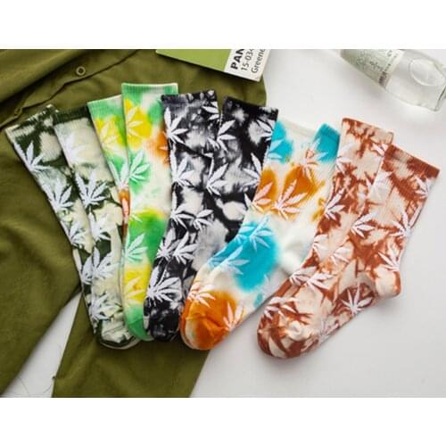 5 Pairs/Lot New Style Unisex Harajuku Maple Leaf Tie-dyed Socks High-Quality Sport Skateboard Hiphop Fashion Couple weed Sox