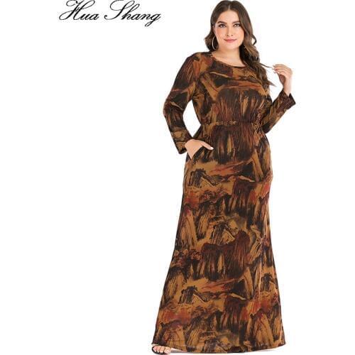 6XL Plus Size Abayas Muslim Dress Women Autumn Winter Long Sleeve Retro Print Vintage Maxi Long Dresses Dubai Islamic Clothing