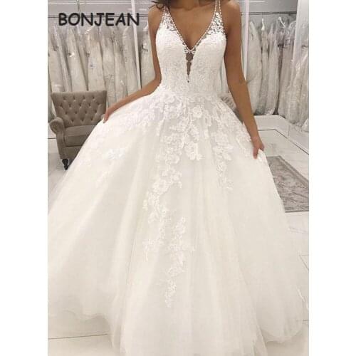White V Neck Wedding Dresses A Line Straps Lace Appliques Floor Length Backless Bridal Gowns Long Sleeves abiti da sposa