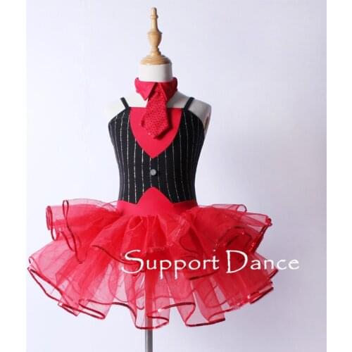 Black Red Ballet Tutu Dress Toddler Girls Women Contemporary Dance Costume With Removable Paillette Necktie C286