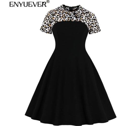 Enyuever Black Leopard Dress Women Elegant Clothing Short Sleeve Robe Pin Up Swing Flare Fashion Office Party Ladies Dresses