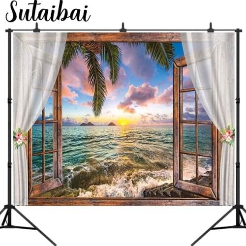 Tropical Island Seaside Scenery Window Photography Backdrop Summer Ocean Scene Sunshine Palm Leaves Windowsill Photo Background